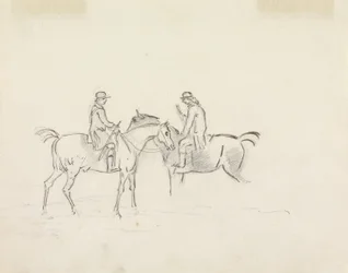 Dva jezdci konverzují (grafit s perem a inkoustem na papíře)